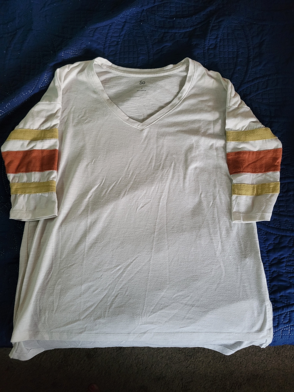 Oversized White V-Neck Tee with Gold & Rust Striped Sleeves